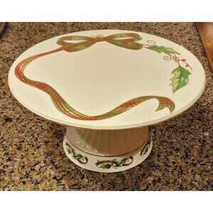 Holly Holiday Home for the Holidays Cake Stand Plaid Ribbon Stand Gold Trim 11"